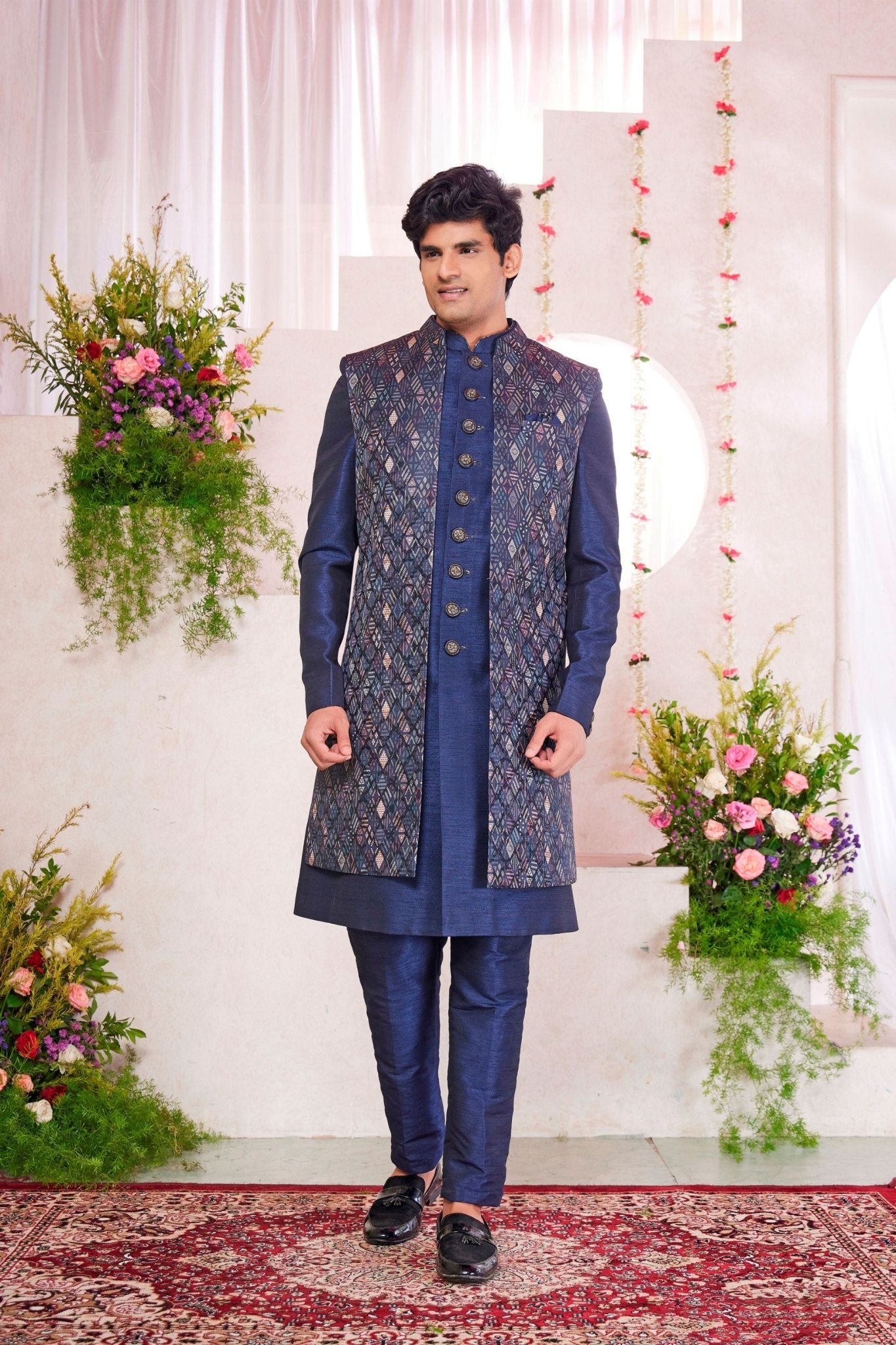 Navy Blue Silk Kurta Set with Geometric Embroidered Indo - Western Jacket for Men - Mangaldeep NX