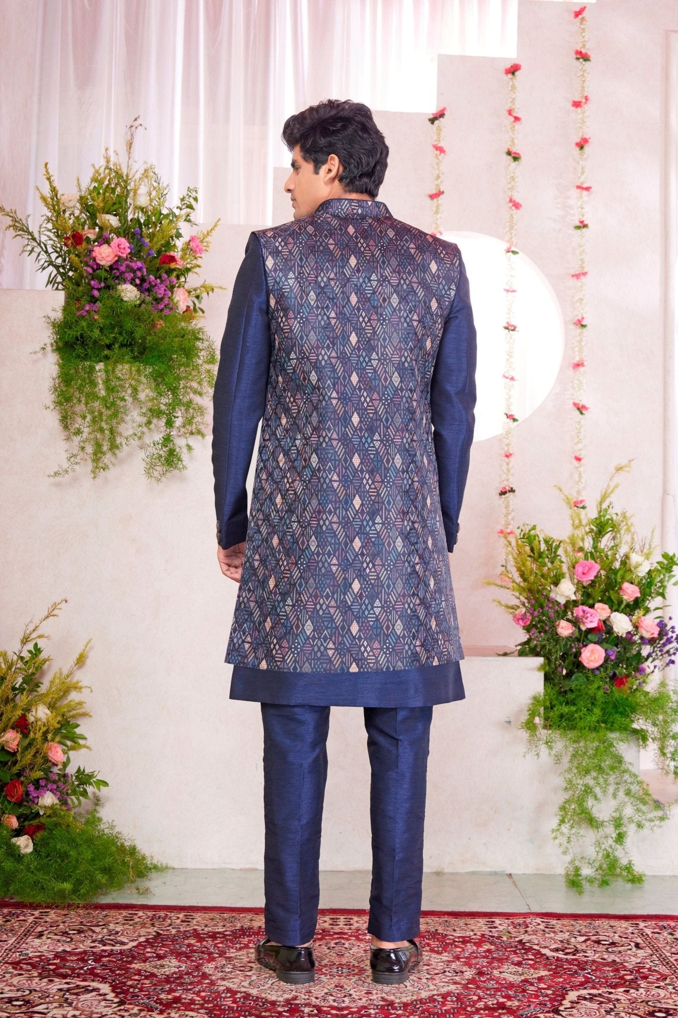 Navy Blue Silk Kurta Set with Geometric Embroidered Indo - Western Jacket for Men - Mangaldeep NX
