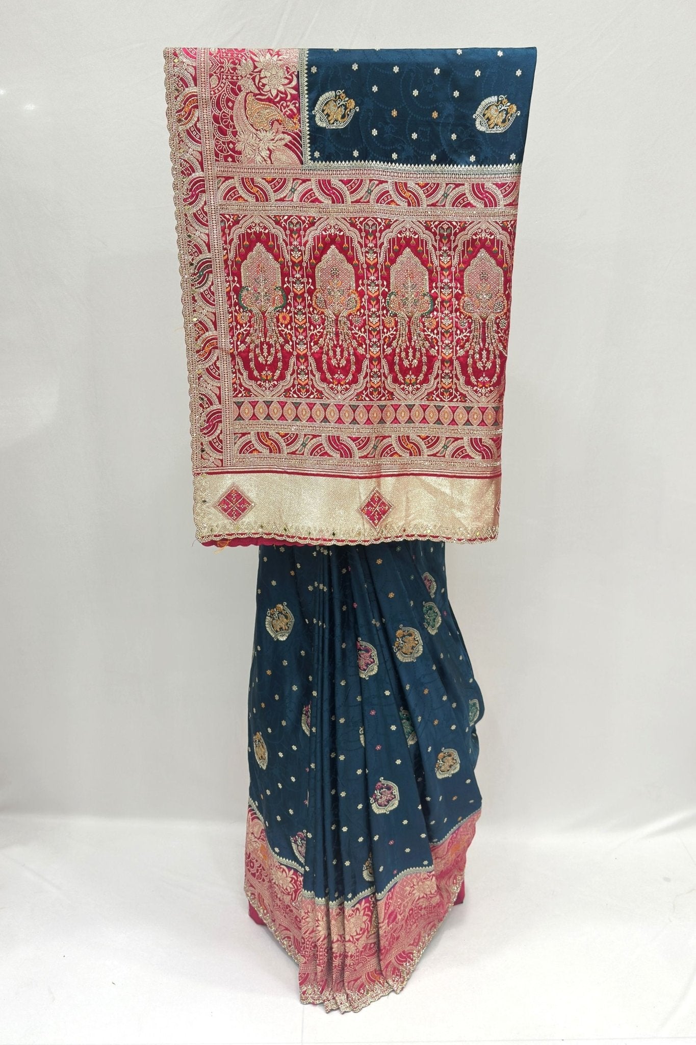 Navy Blue Silk Saree with Red Zari Border - Mangaldeep NX