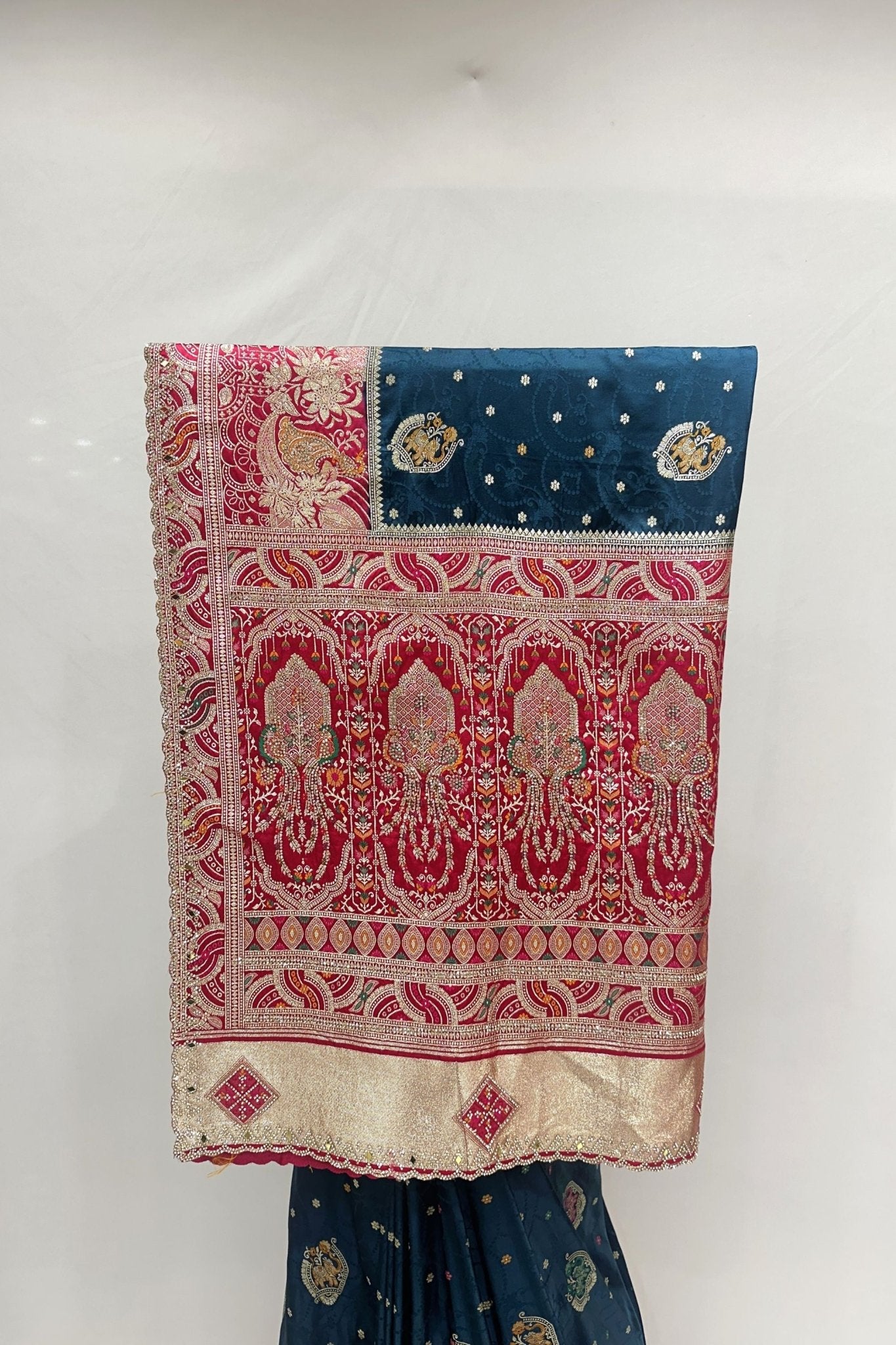 Navy Blue Silk Saree with Red Zari Border - Mangaldeep NX
