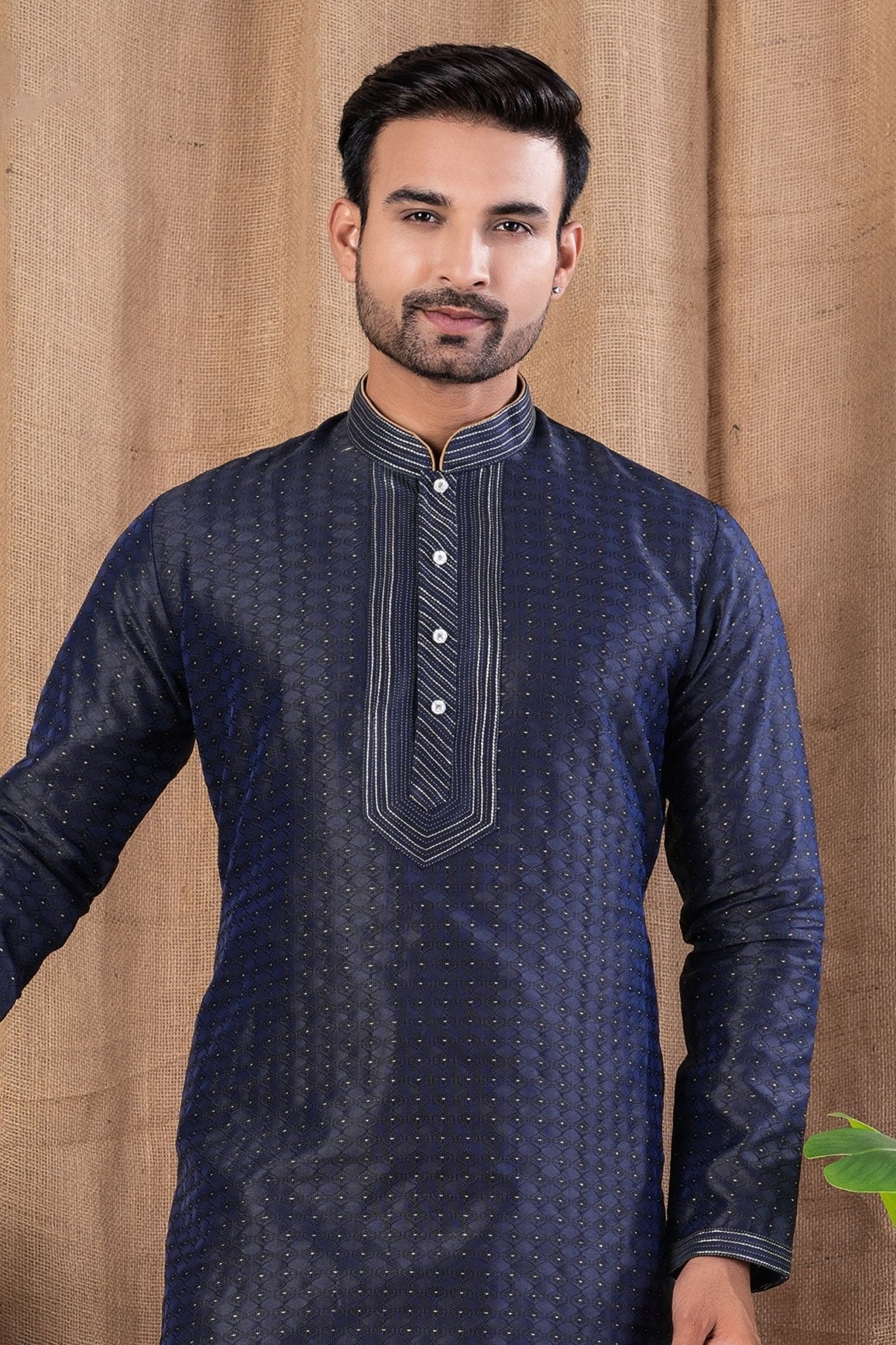 Navy Blue Textured Art Silk Kurta for Men with Beige Pyjama - Mangaldeep NX
