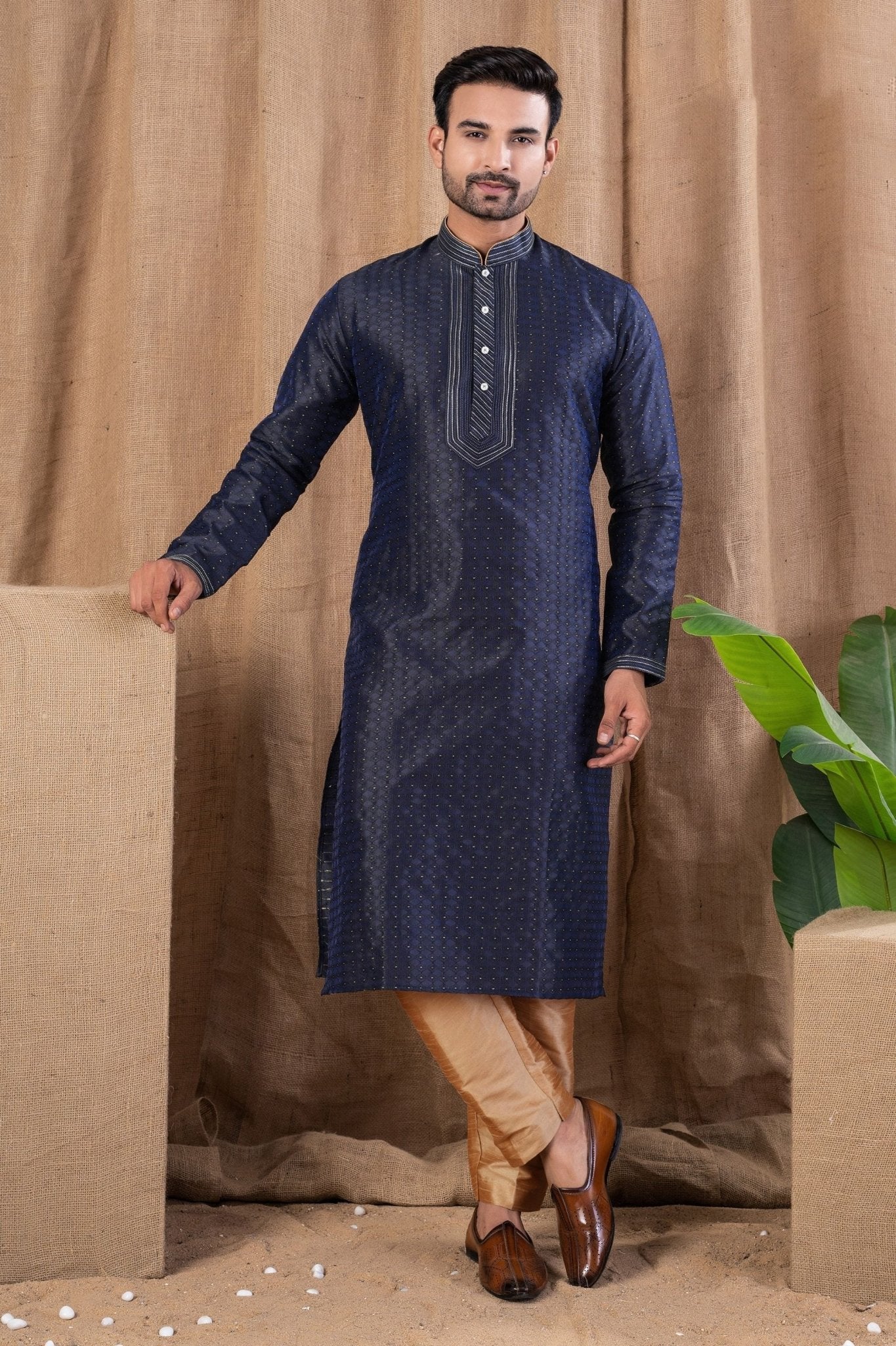Navy Blue Textured Art Silk Kurta for Men with Beige Pyjama - Mangaldeep NX