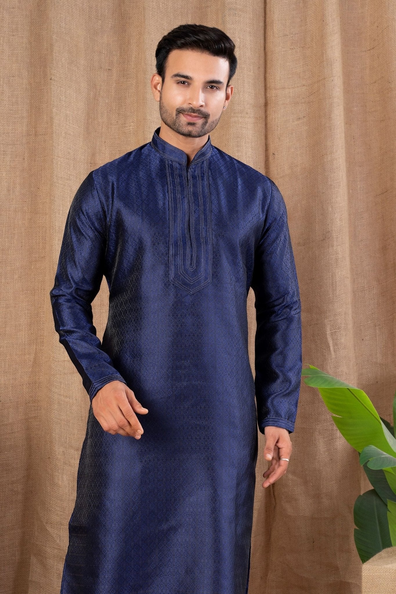 Navy Blue Textured Art Silk Kurta for Men with Off - White Pyjama - Mangaldeep NX