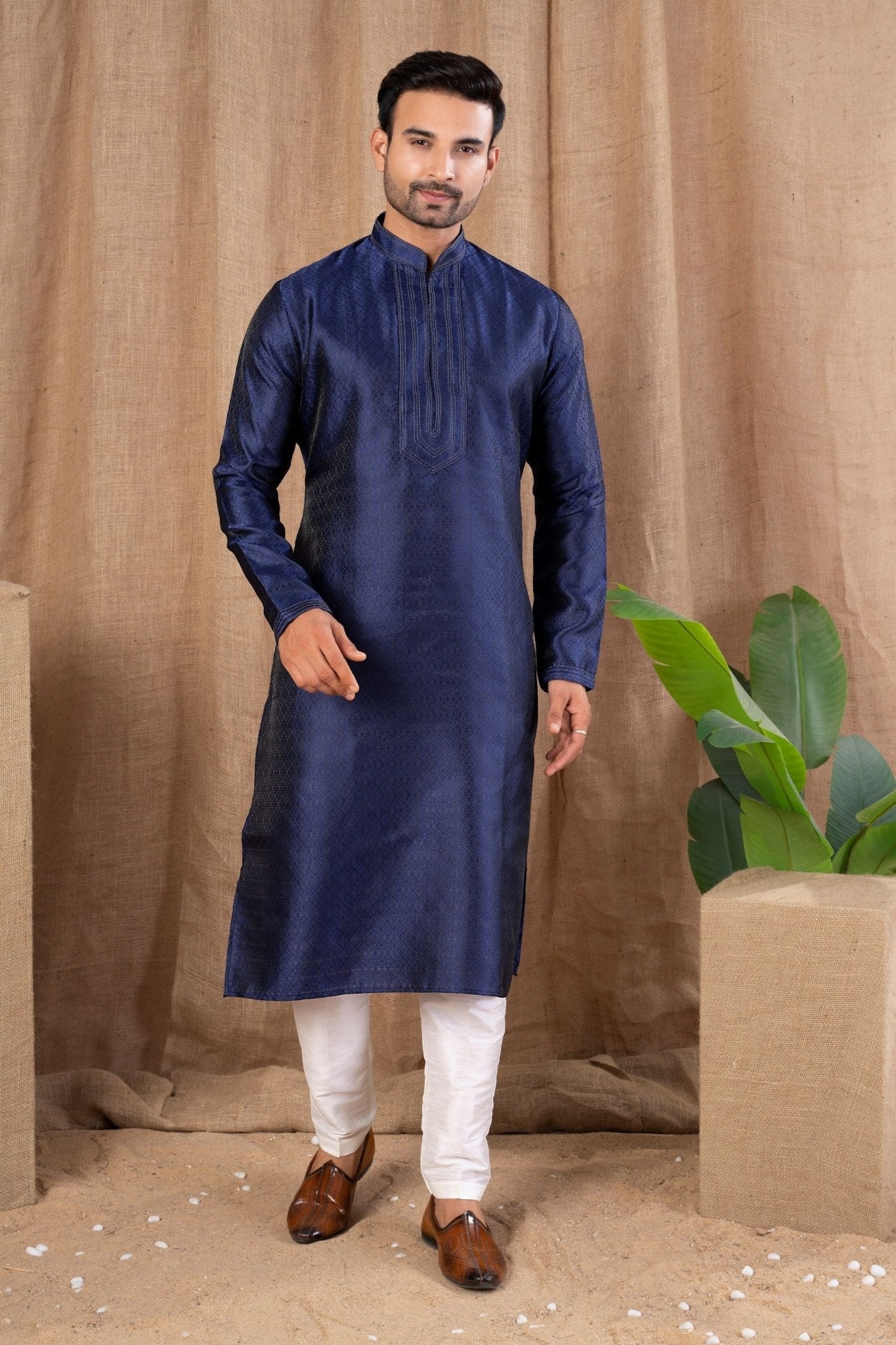 Navy Blue Textured Art Silk Kurta for Men with Off - White Pyjama - Mangaldeep NX