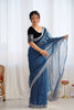 Navy Blue Twill Net Saree with Silver Sequin Border and Black Velvet Blouse - Mangaldeep NX