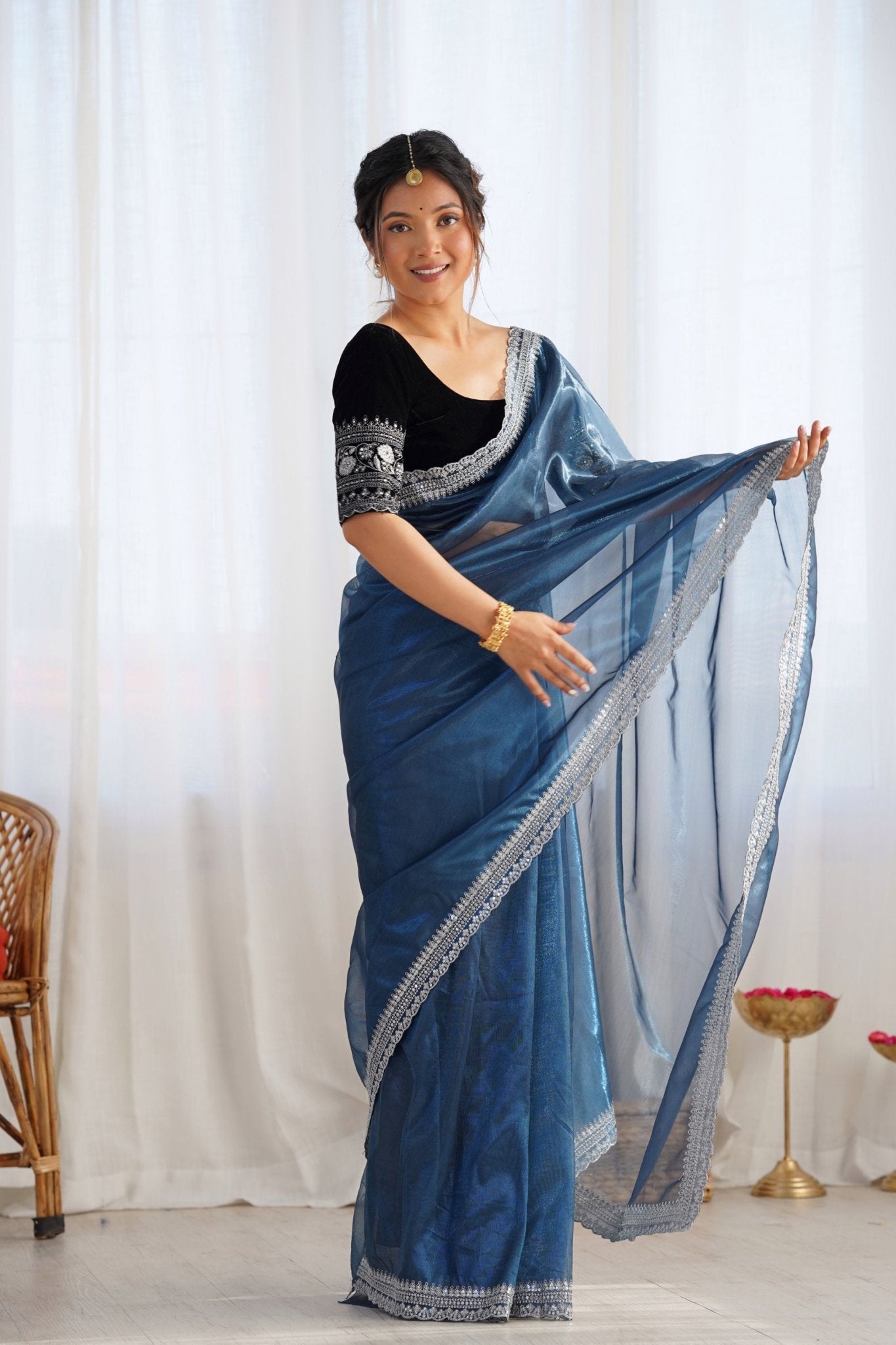 Navy Blue Twill Net Saree with Silver Sequin Border and Black Velvet Blouse - Mangaldeep NX