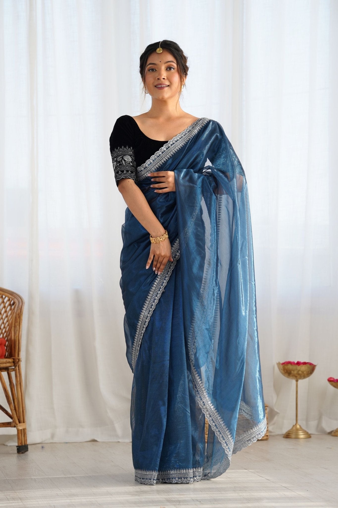 Navy Blue Twill Net Saree with Silver Sequin Border and Black Velvet Blouse - Mangaldeep NX