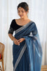 Navy Blue Twill Net Saree with Silver Sequin Border and Black Velvet Blouse - Mangaldeep NX