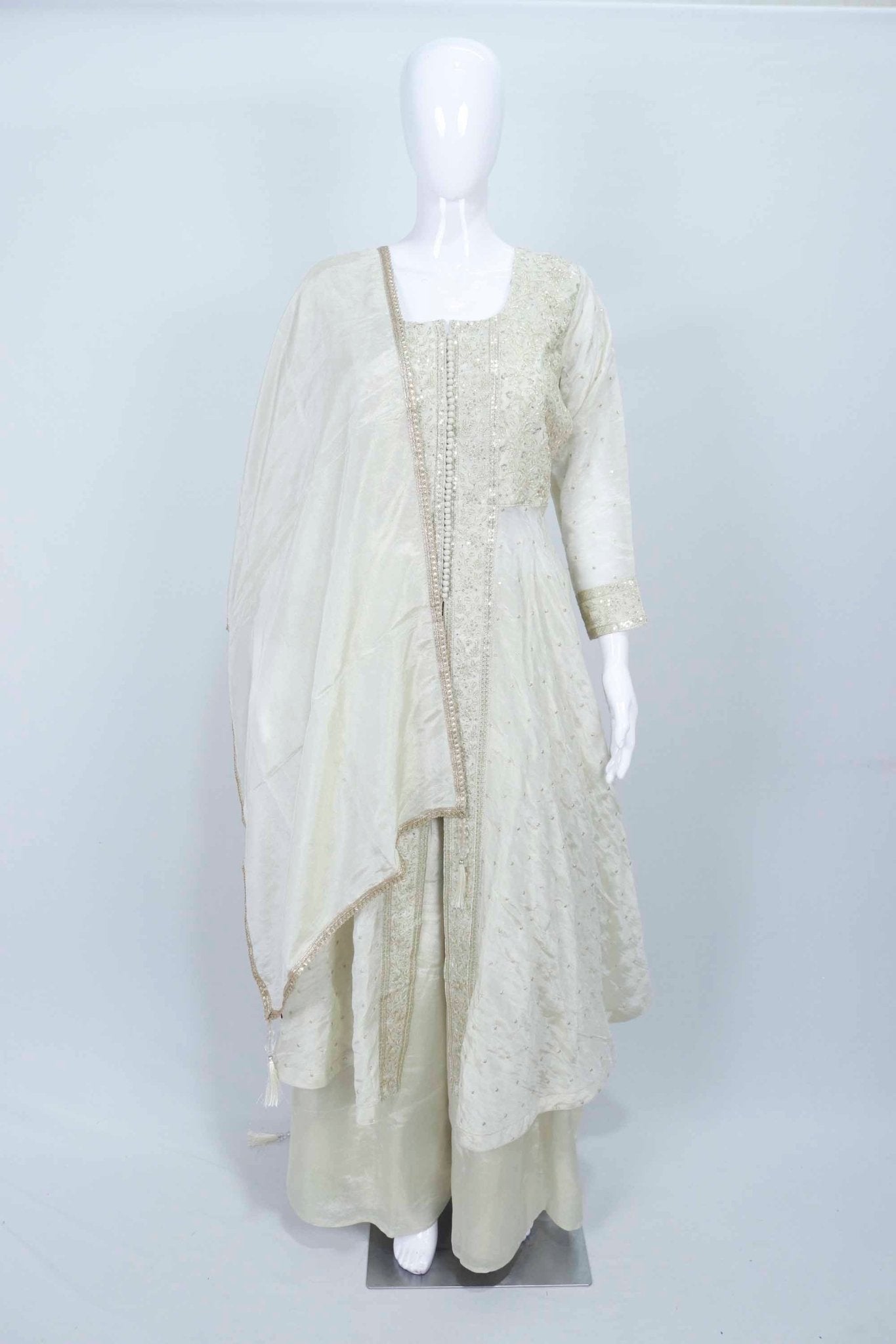 Off White Anarkali Sharara Set for Women Embroidered Ethnic Suit with Dupatta Festive Wedding Wear - Mangaldeep NX