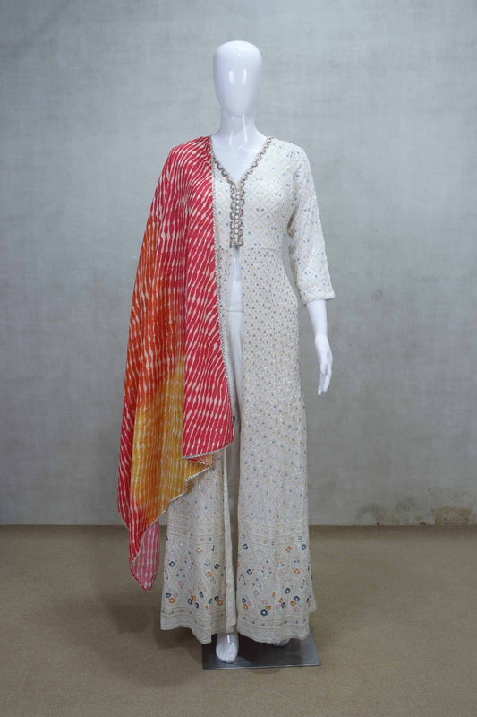Off - White Chikankari Style Anarkali Suit with Colorful Bandhani Dupatta - Mangaldeep NX