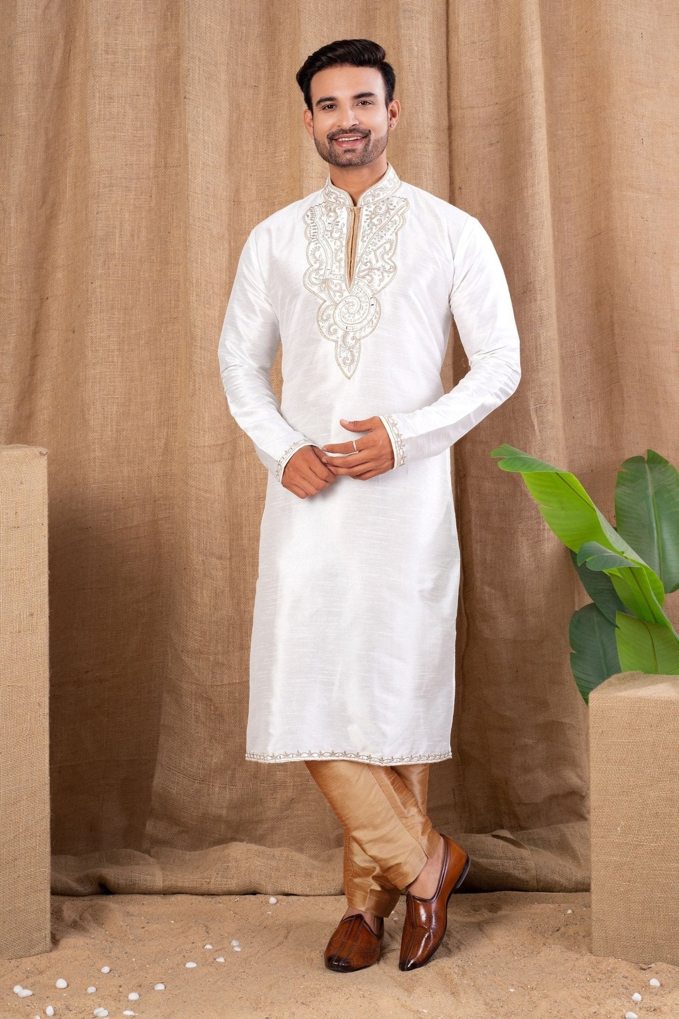 Off - White Embroidered Art Silk Kurta for Men with Beige Pyjama - Mangaldeep NX