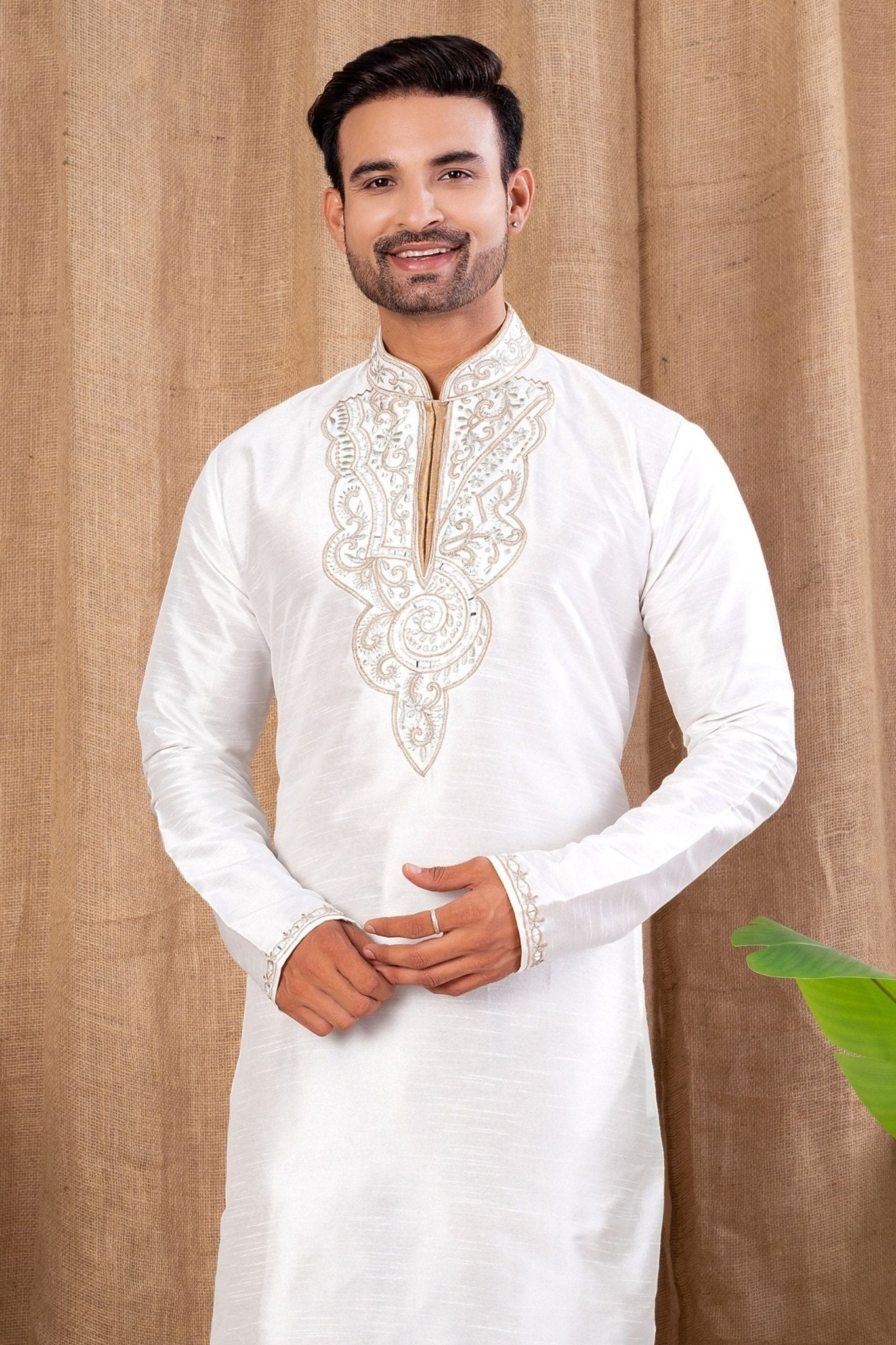 Off - White Embroidered Art Silk Kurta for Men with Beige Pyjama - Mangaldeep NX