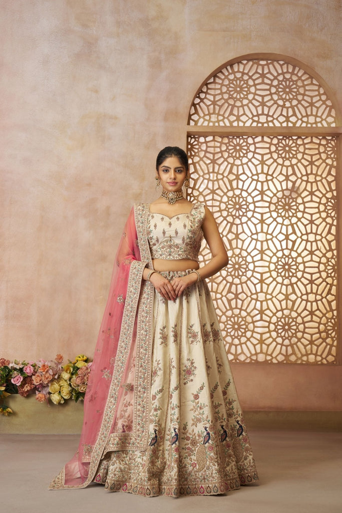 Off - White Embroidered Lehenga Choli with Pink Dupatta - Mangaldeep NX