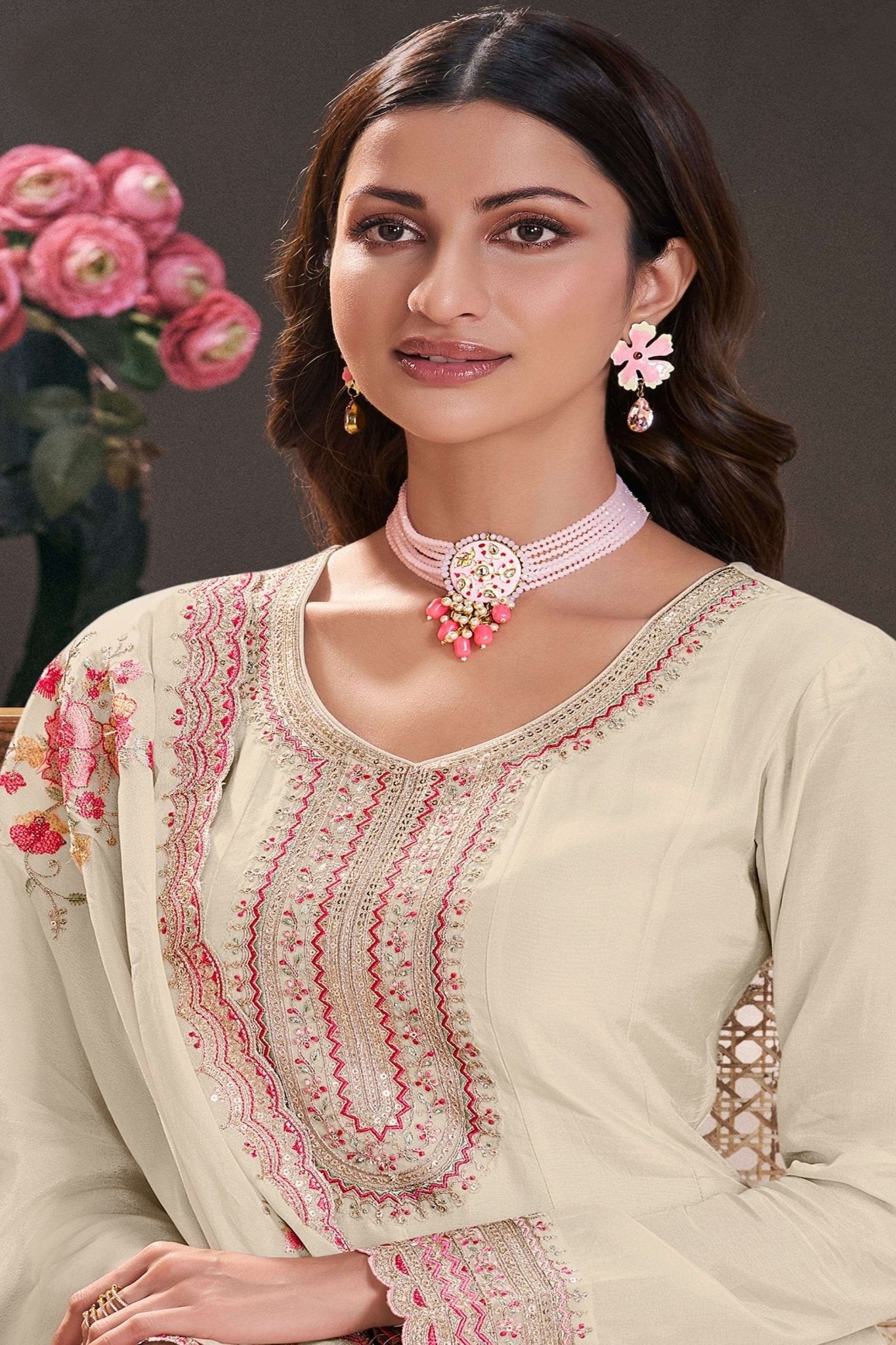 Off - White Embroidered Silk Semi Stitched Anarkali Suit with Dupatta - Mangaldeep NX