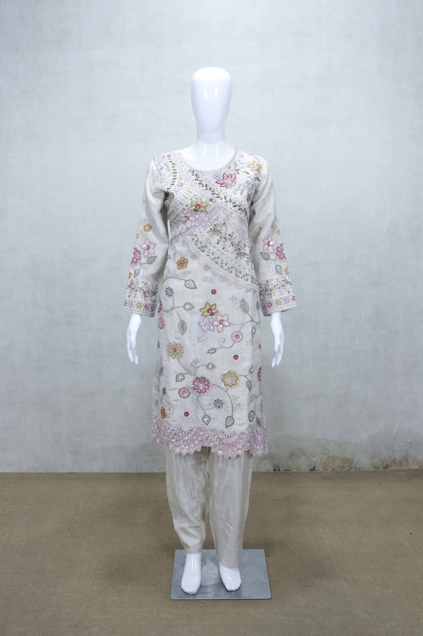 Off - White Embroidered Simar Kurta Set with Floral Thread Work and Matching Dupatta - Mangaldeep NX