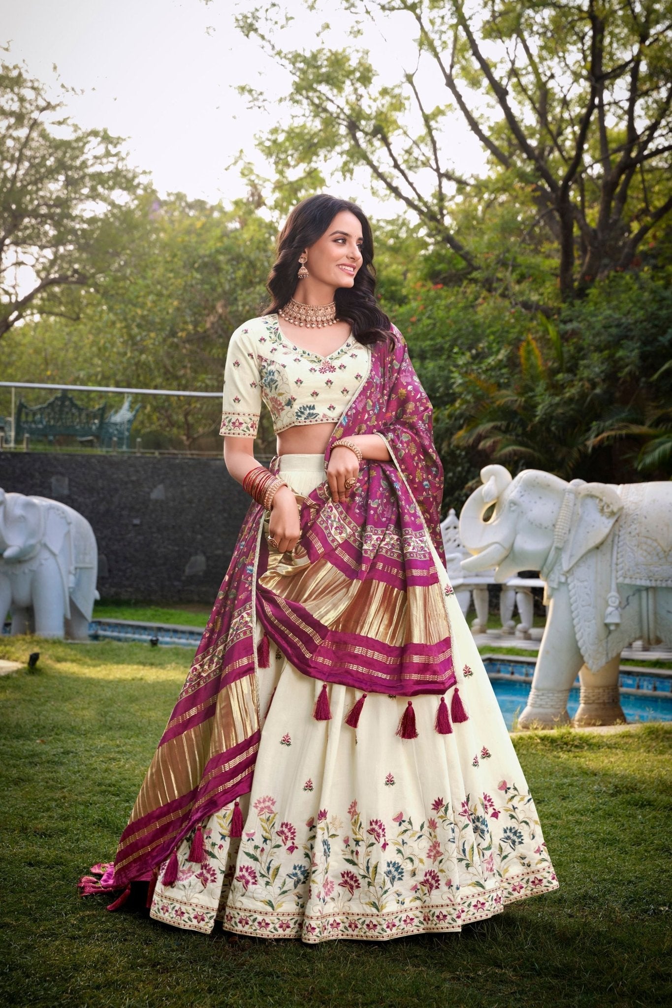 Off - White Floral Embroidered Lehenga Choli Set with Contrast Purple Dupatta - Mangaldeep NX
