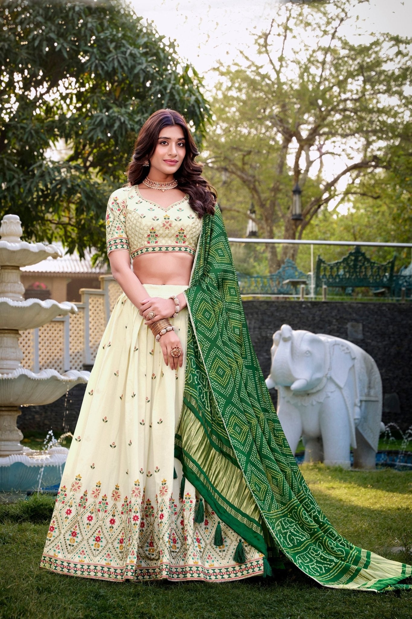 Off - White Geometric Floral Embroidered Lehenga Choli Set with Green Bandhej Dupatta - Mangaldeep NX