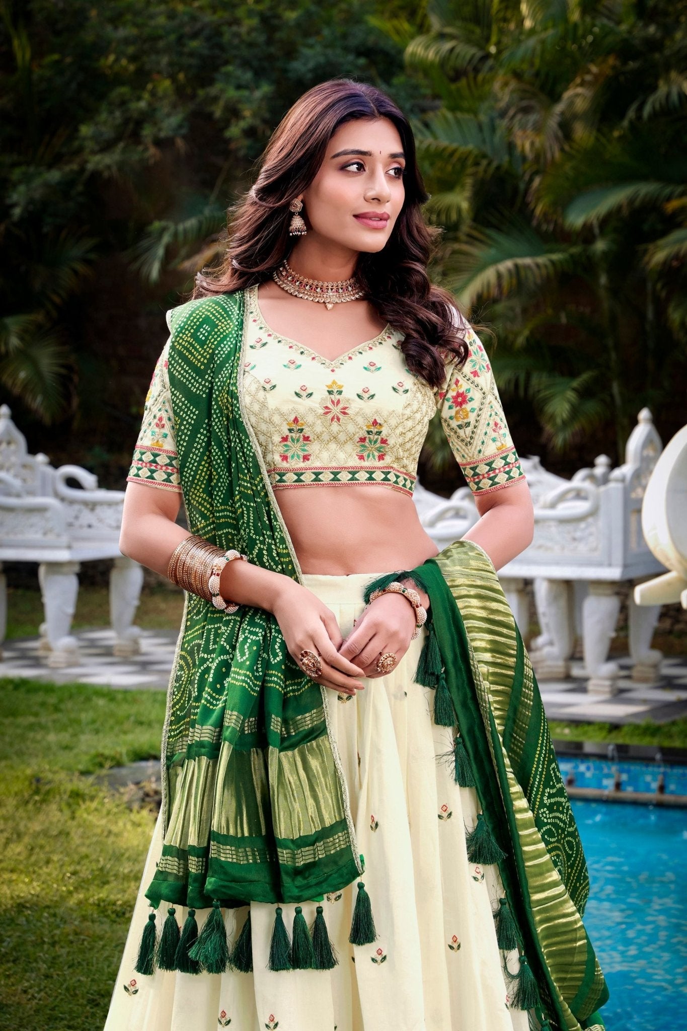 Off - White Geometric Floral Embroidered Lehenga Choli Set with Green Bandhej Dupatta - Mangaldeep NX