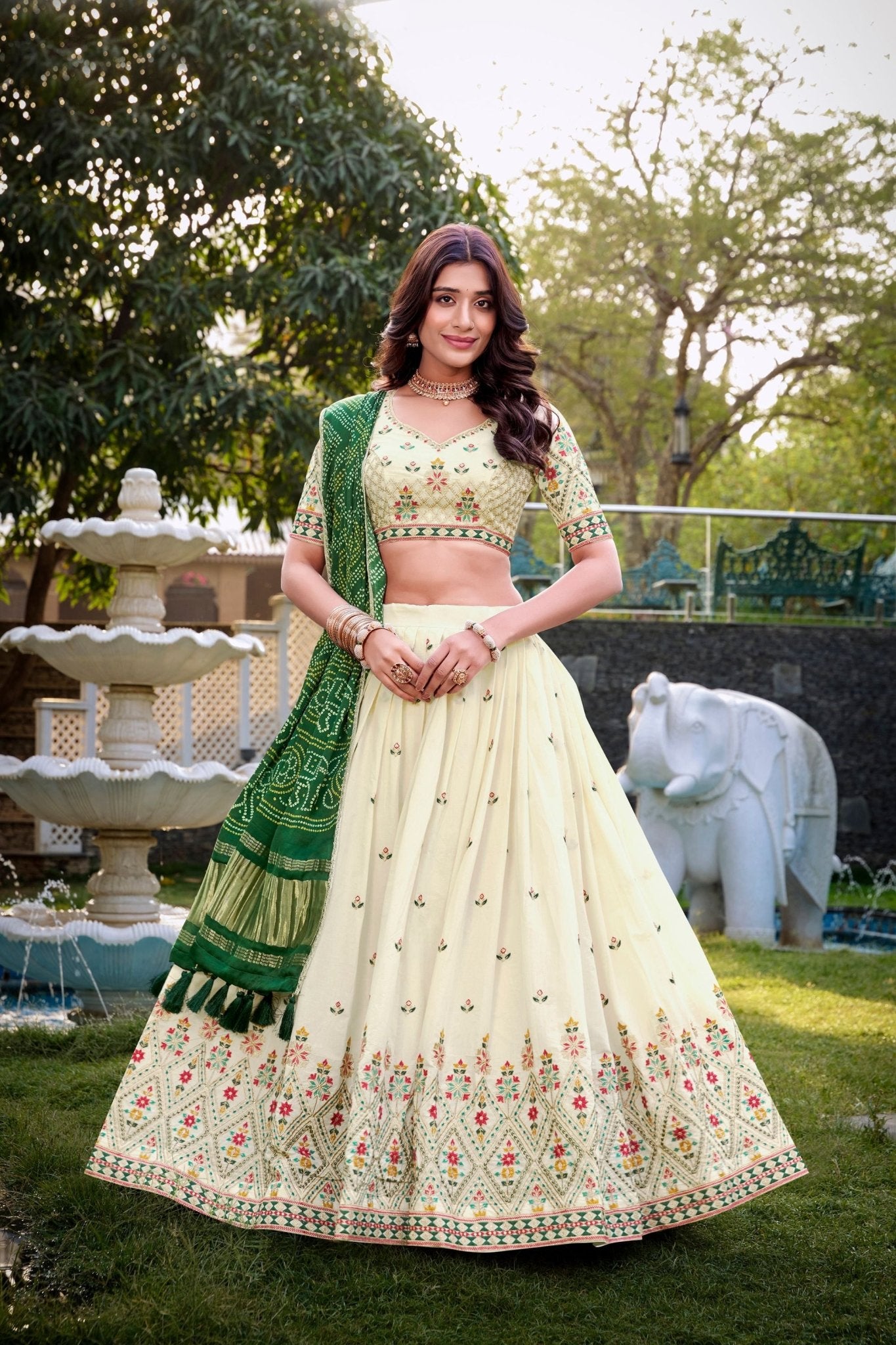 Off - White Geometric Floral Embroidered Lehenga Choli Set with Green Bandhej Dupatta - Mangaldeep NX