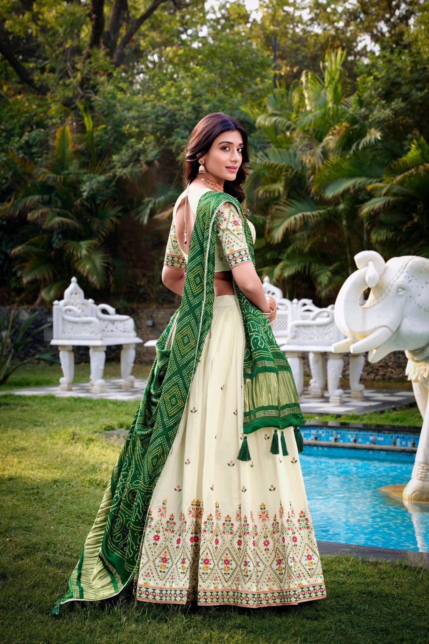 Off - White Geometric Floral Embroidered Lehenga Choli Set with Green Bandhej Dupatta - Mangaldeep NX