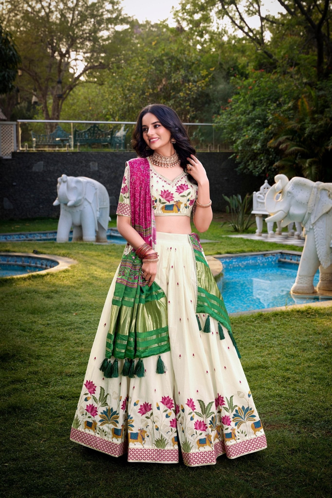 Off - White Lotus Motif Embroidered Lehenga Choli Set with Green and Pink Contrast Dupatta - Mangaldeep NX