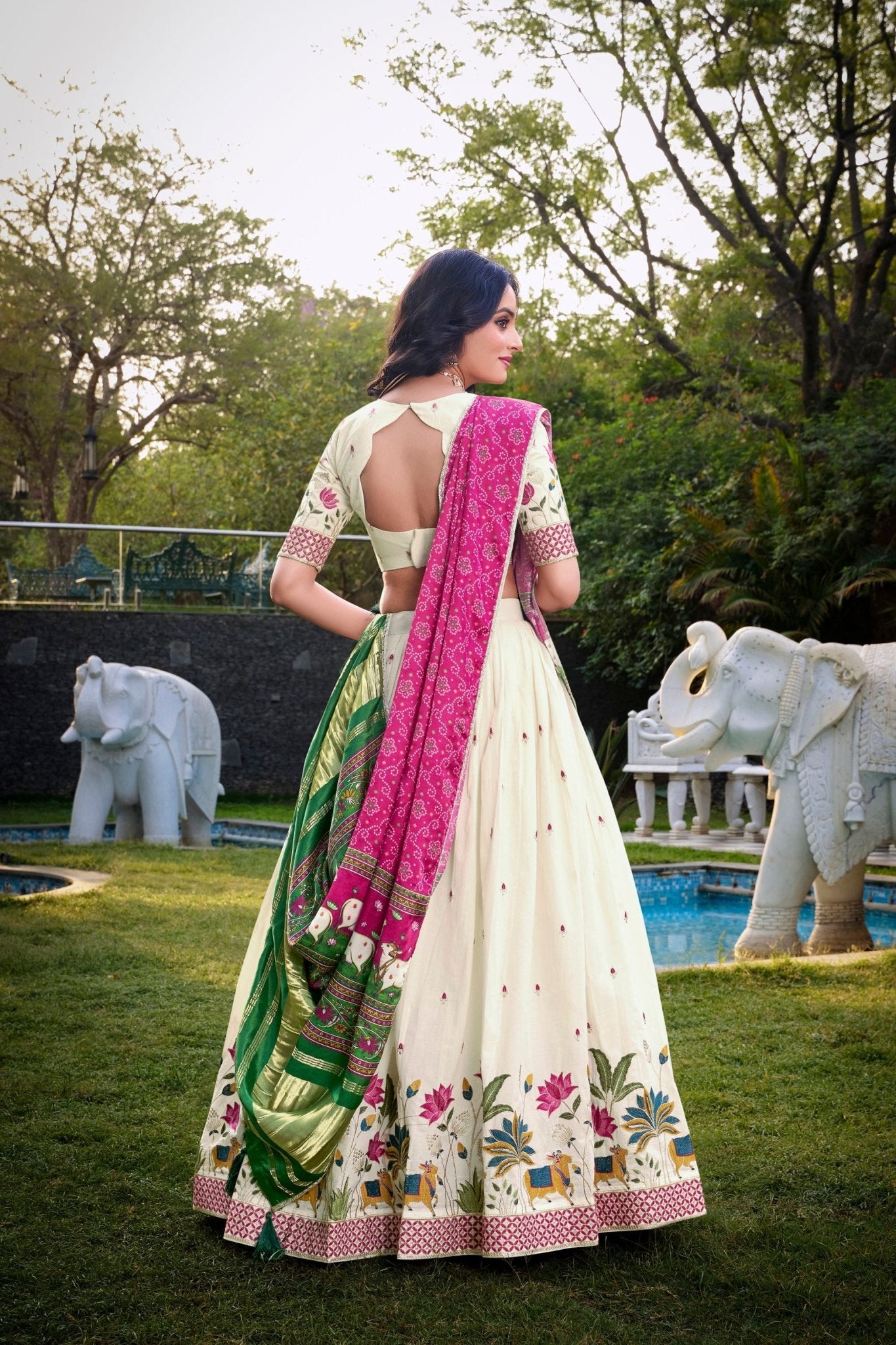 Off - White Lotus Motif Embroidered Lehenga Choli Set with Green and Pink Contrast Dupatta - Mangaldeep NX