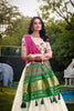 Off - White Lotus Motif Embroidered Lehenga Choli Set with Green and Pink Contrast Dupatta - Mangaldeep NX