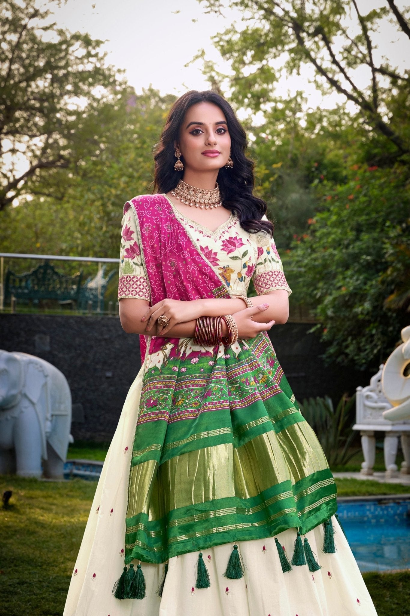 Off - White Lotus Motif Embroidered Lehenga Choli Set with Green and Pink Contrast Dupatta - Mangaldeep NX