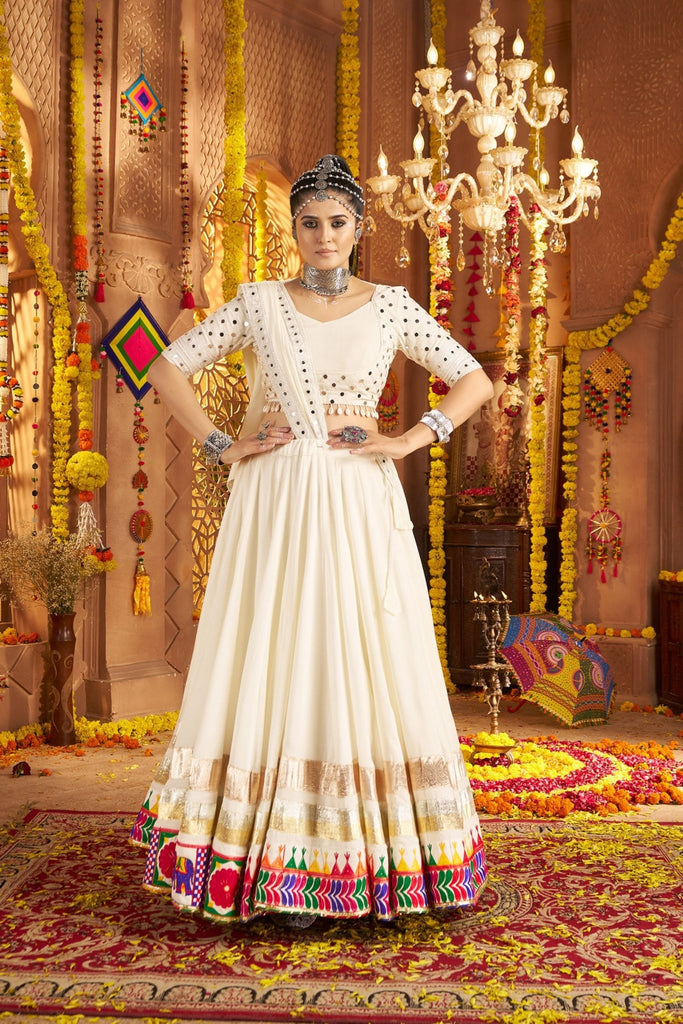 Off - White Mirror Work Navratri Lehenga Choli Set with Multicolor Embroidered Border - Mangaldeep NX