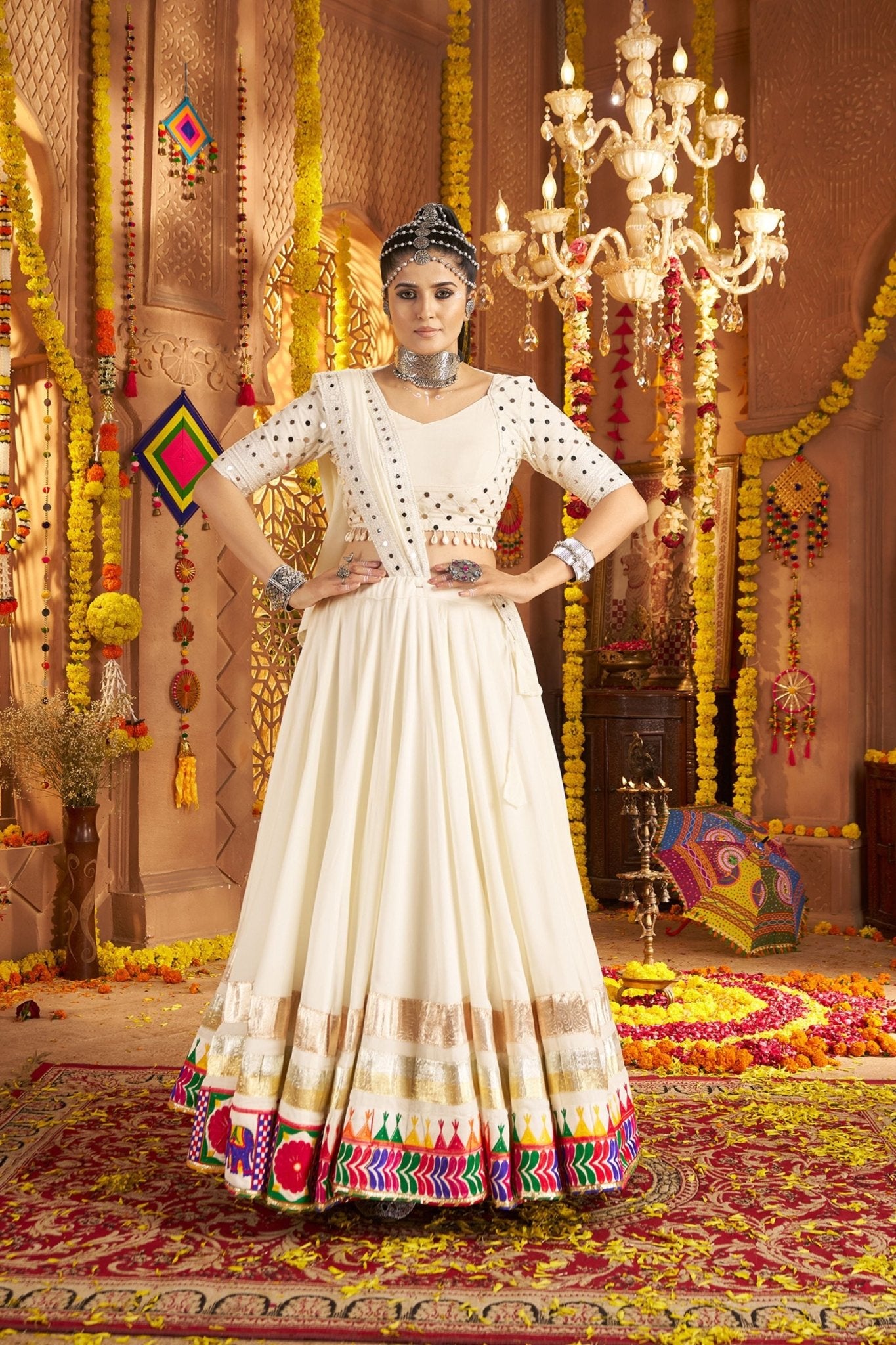 Off - White Mirror Work Navratri Lehenga Choli Set with Multicolor Embroidered Border - Mangaldeep NX