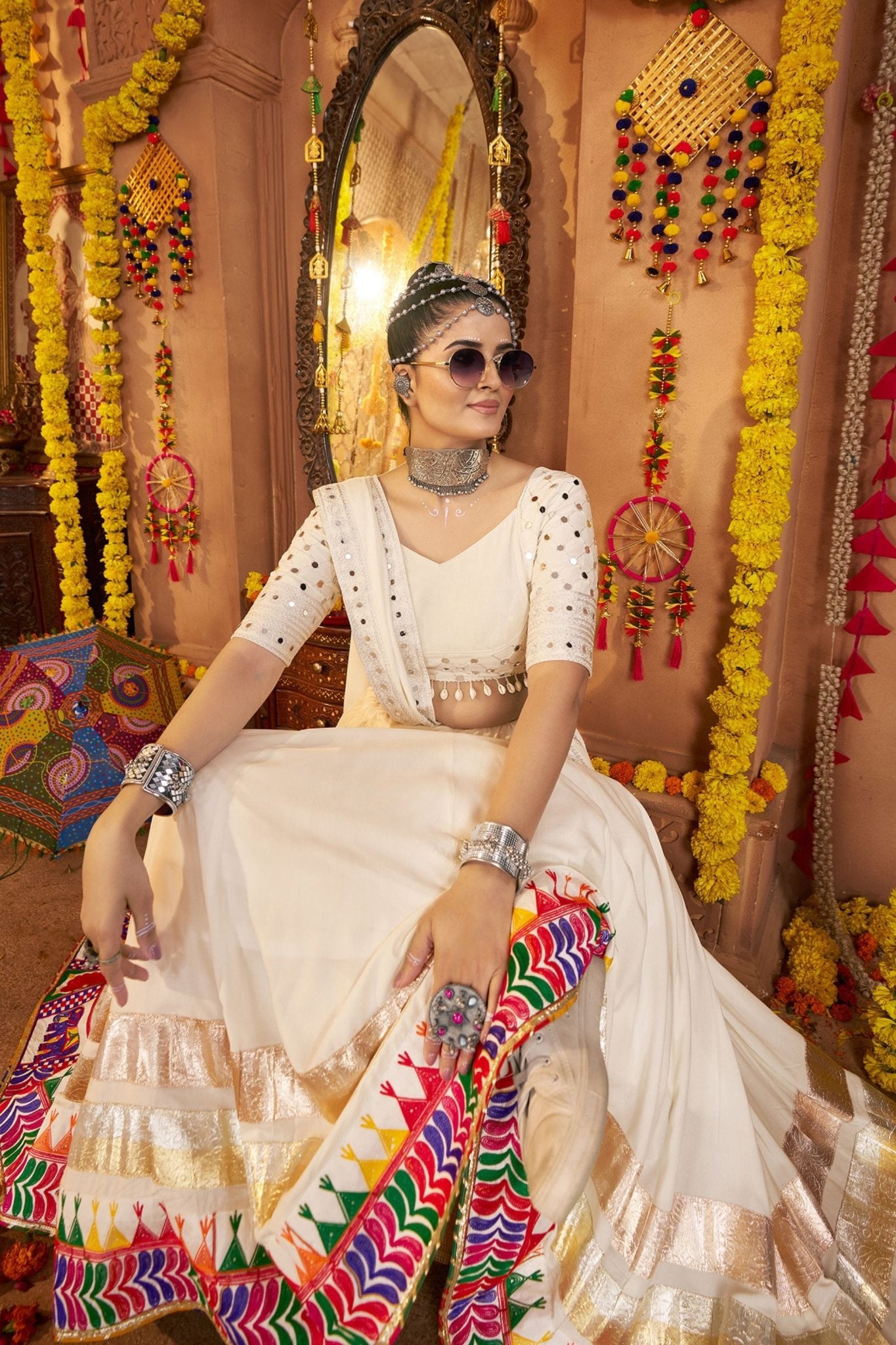 Off - White Mirror Work Navratri Lehenga Choli Set with Multicolor Embroidered Border - Mangaldeep NX