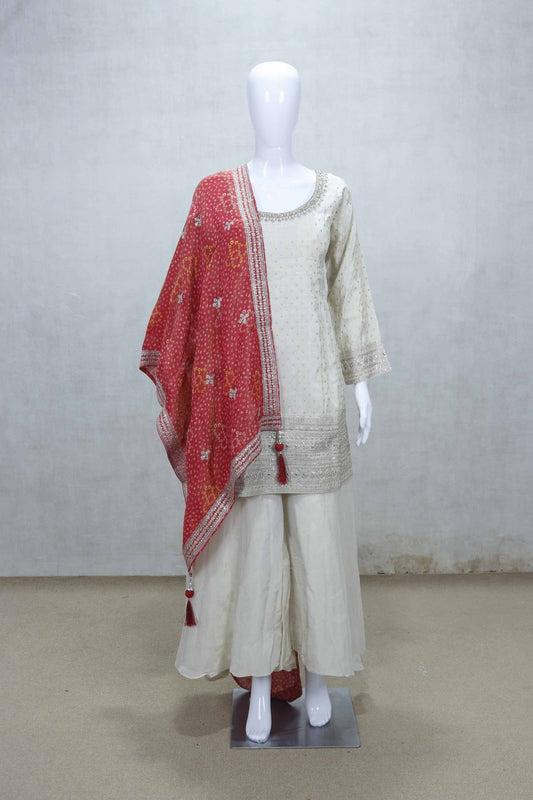 Off - White Readymade Sharara Set with Red Bandhej Dupatta - Mangaldeep NX