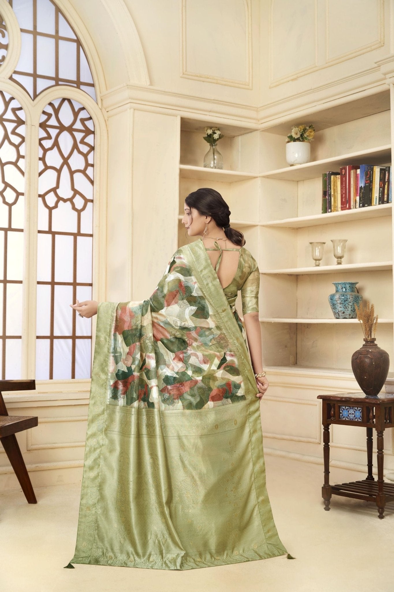 Olive Green and Rust Floral Printed Linen Silk Saree with Zari Border and Blouse Piece - Mangaldeep NX