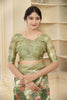 Olive Green and Rust Floral Printed Linen Silk Saree with Zari Border and Blouse Piece - Mangaldeep NX
