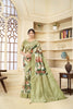 Olive Green and Rust Floral Printed Linen Silk Saree with Zari Border and Blouse Piece - Mangaldeep NX