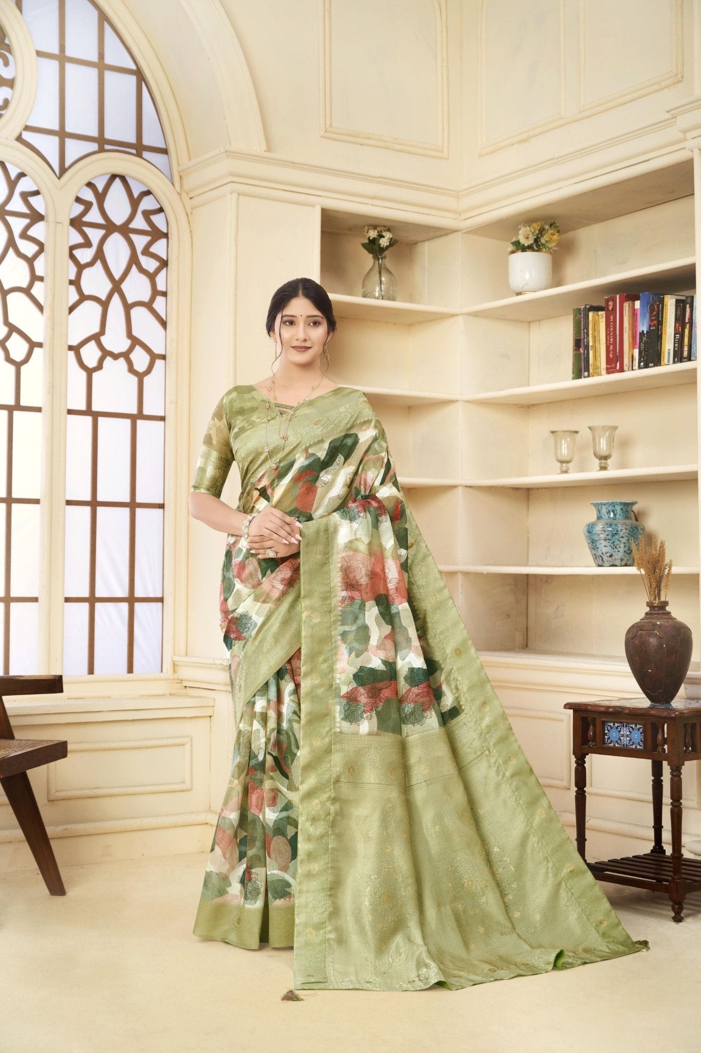 Olive Green and Rust Floral Printed Linen Silk Saree with Zari Border and Blouse Piece - Mangaldeep NX