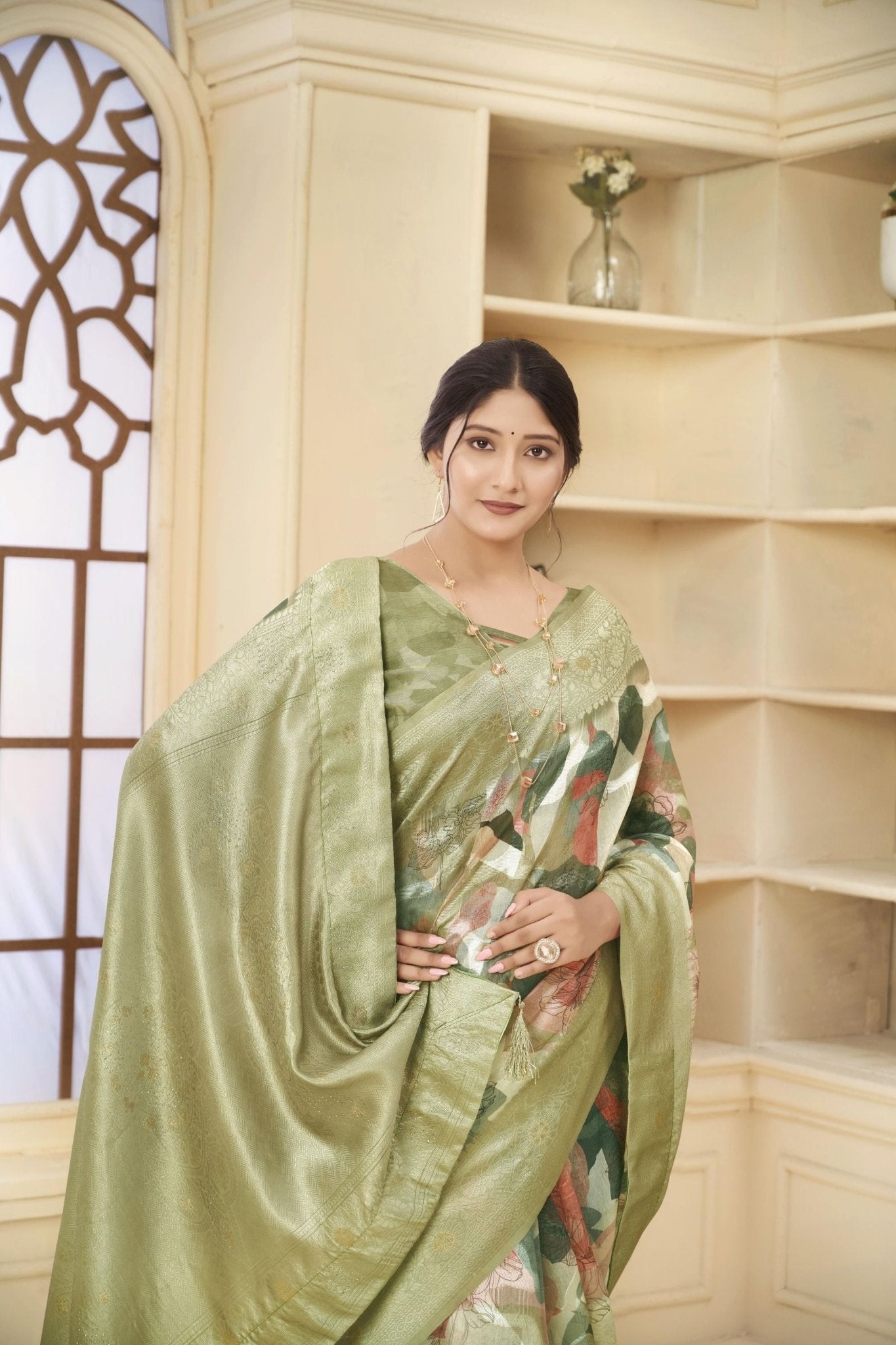 Olive Green and Rust Floral Printed Linen Silk Saree with Zari Border and Blouse Piece - Mangaldeep NX