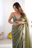 Olive Green and Teal Checkered Chiffon Saree with Pearl Lace Border - Mangaldeep NX