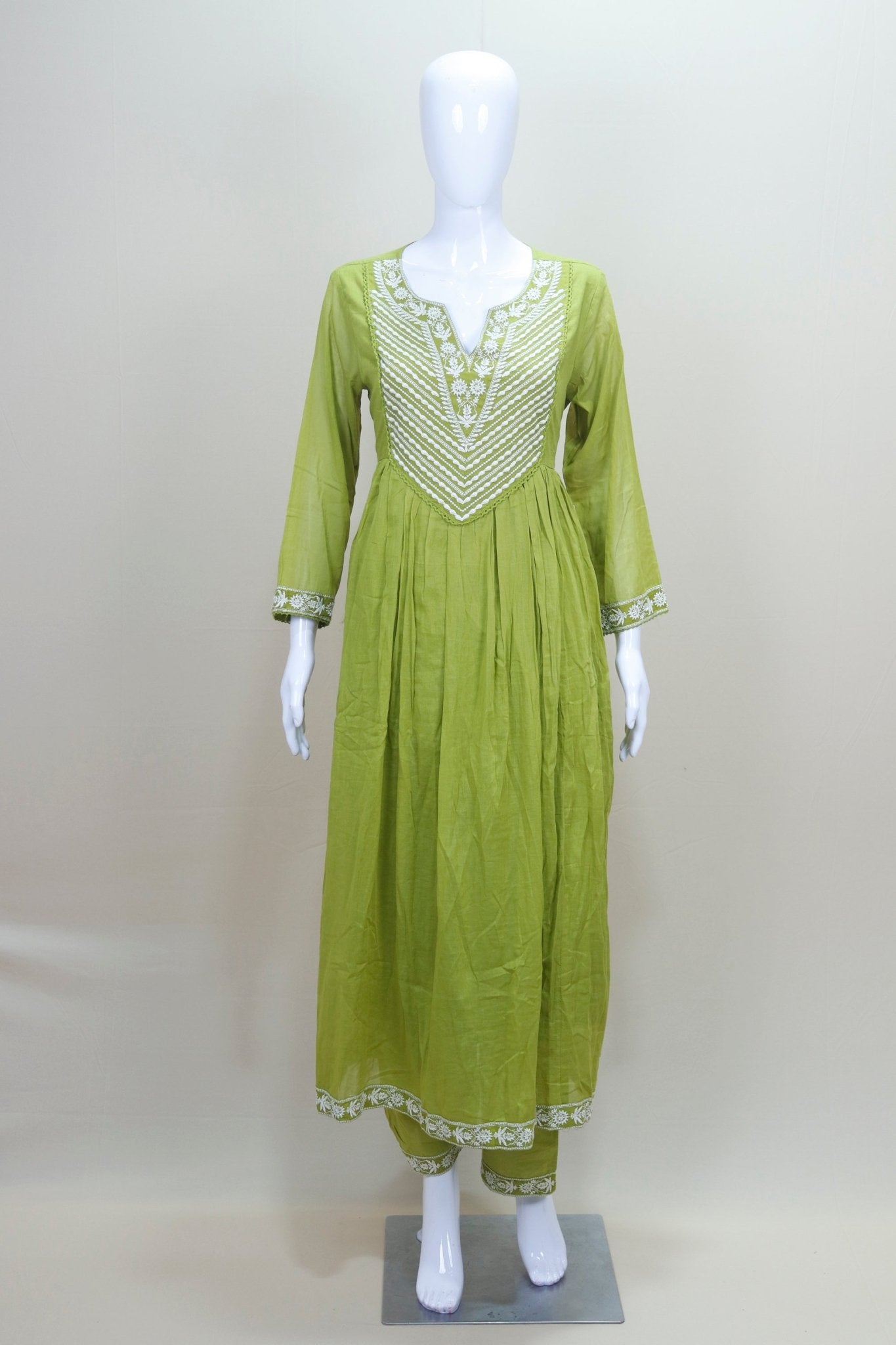 Olive Green Cotton Anarkali Kurta Set with Dupatta Embroidered Ethnic Suit - Mangaldeep NX