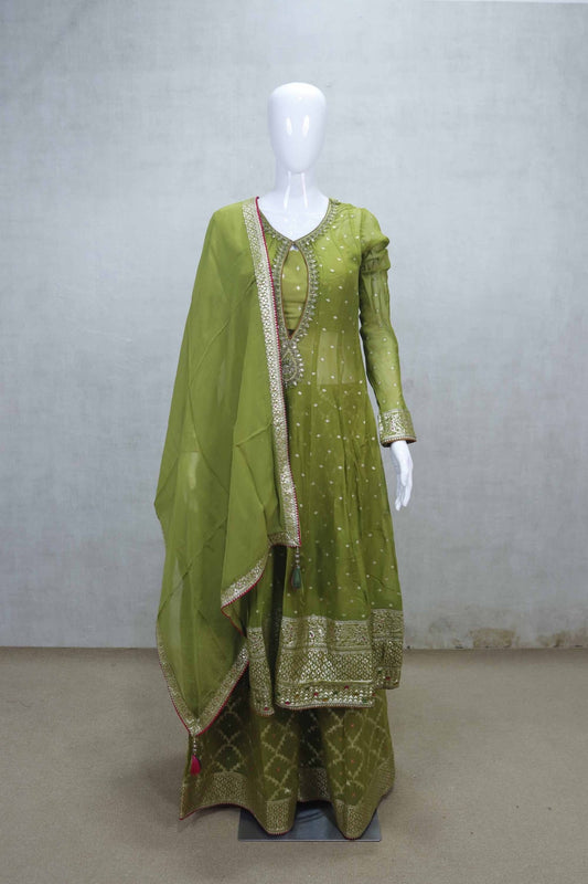 Olive Green Embroidered Anarkali Suit with Mirror Work and Gota Patti Dupatta - Mangaldeep NX