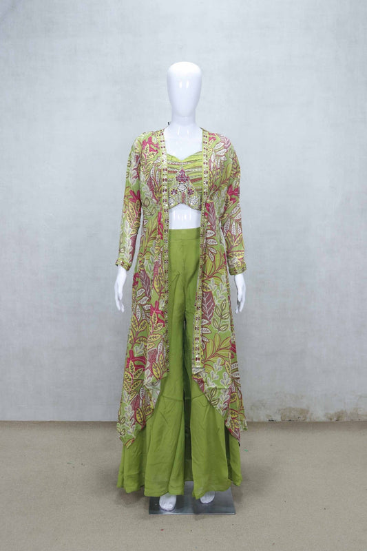 Olive Green Embroidered Crop Top and Sharara Set with Multicolor Printed Jacket - Mangaldeep NX