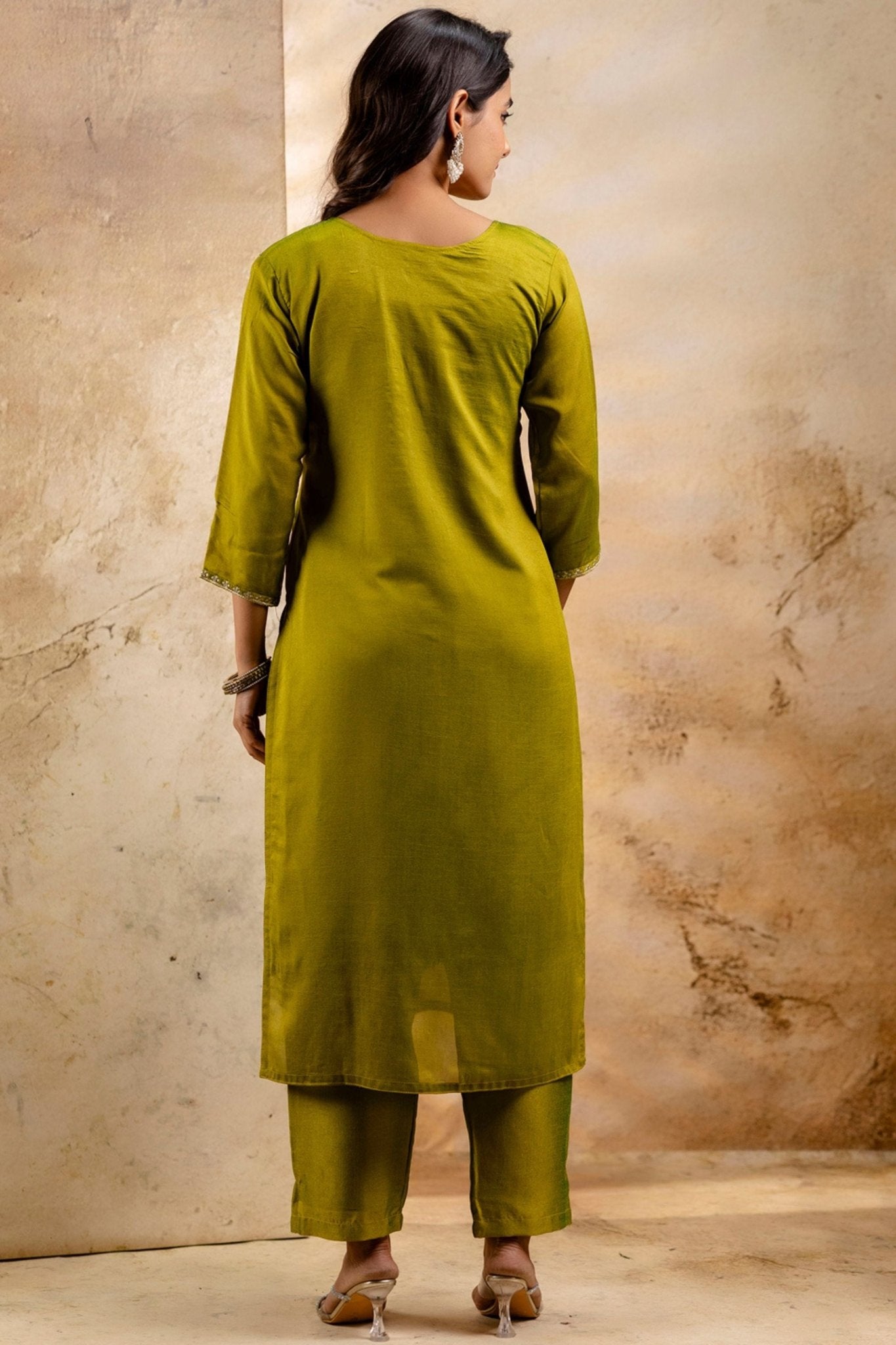 Olive Green Embroidered Silk Blend Readymade Salwar Suit with Contrast Dupatta - Mangaldeep NX