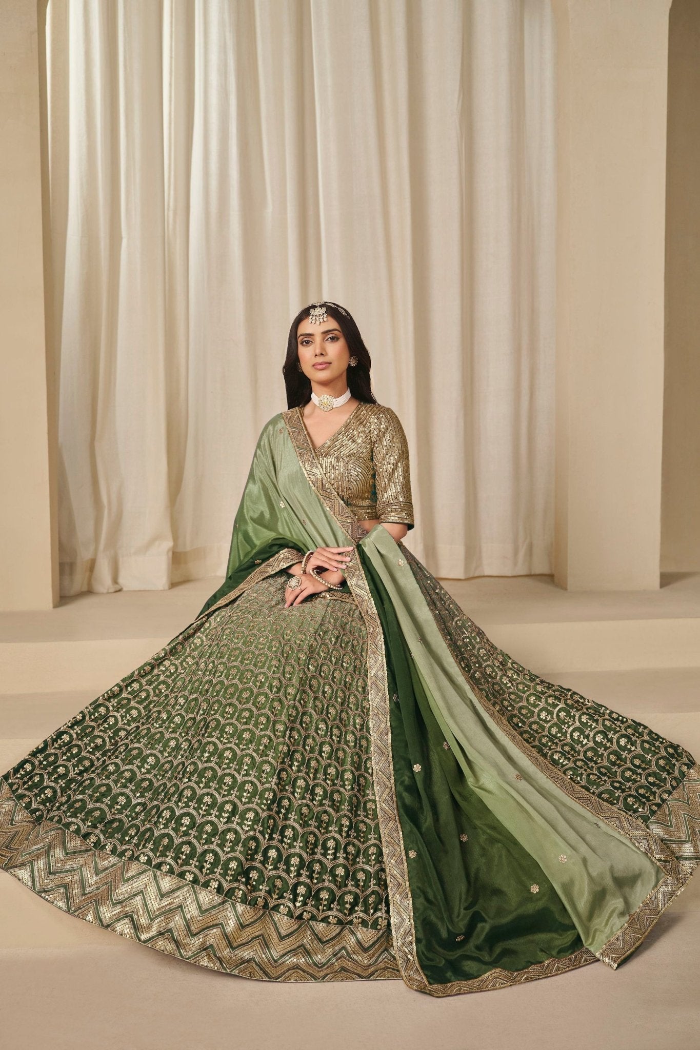 Olive Green Embroidered Silk Lehenga Choli Set with Sequined Blouse and Dupatta - Mangaldeep NX
