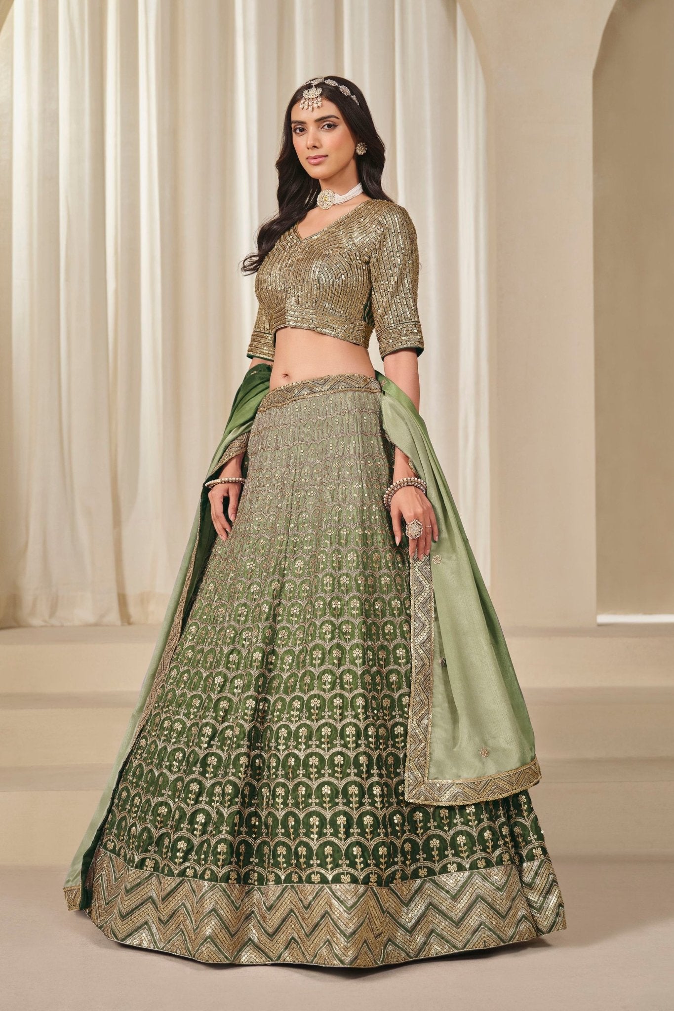 Olive Green Embroidered Silk Lehenga Choli Set with Sequined Blouse and Dupatta - Mangaldeep NX