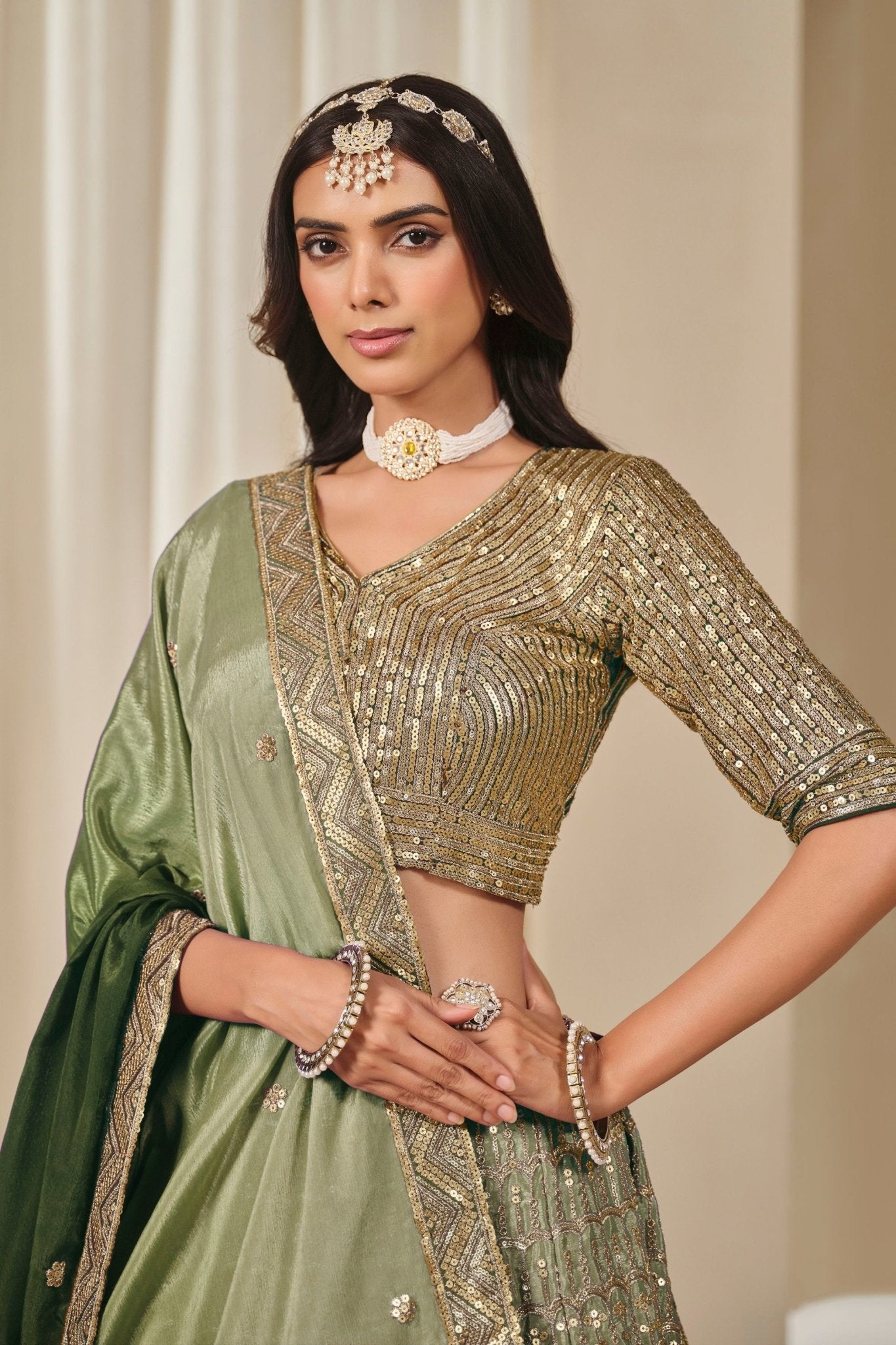 Olive Green Embroidered Silk Lehenga Choli Set with Sequined Blouse and Dupatta - Mangaldeep NX