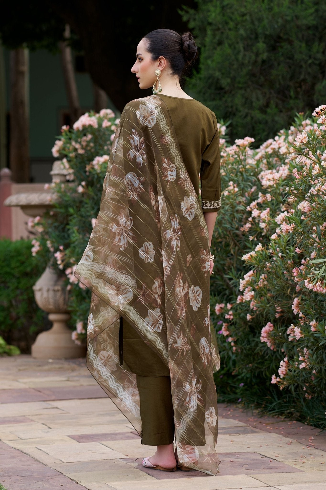 Olive Green Embroidered Straight Cut Salwar Suit with Floral Dupatta - Mangaldeep NX