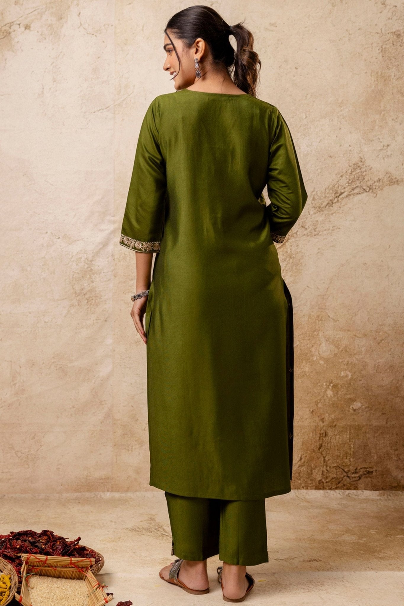 Olive Green Embroidered Straight Salwar Suit with Floral Dupatta - Mangaldeep NX