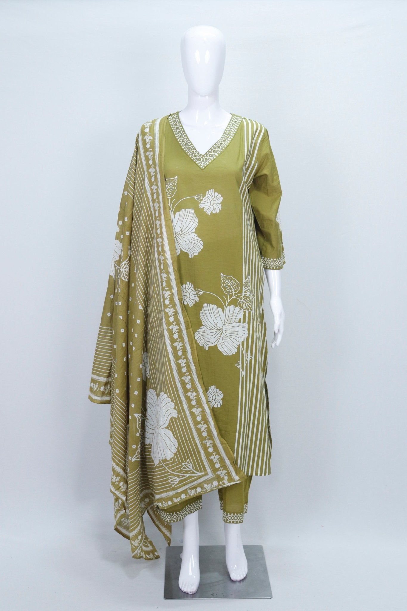Olive Green Floral Printed Cotton Suit Set with Dupatta - Mangaldeep NX