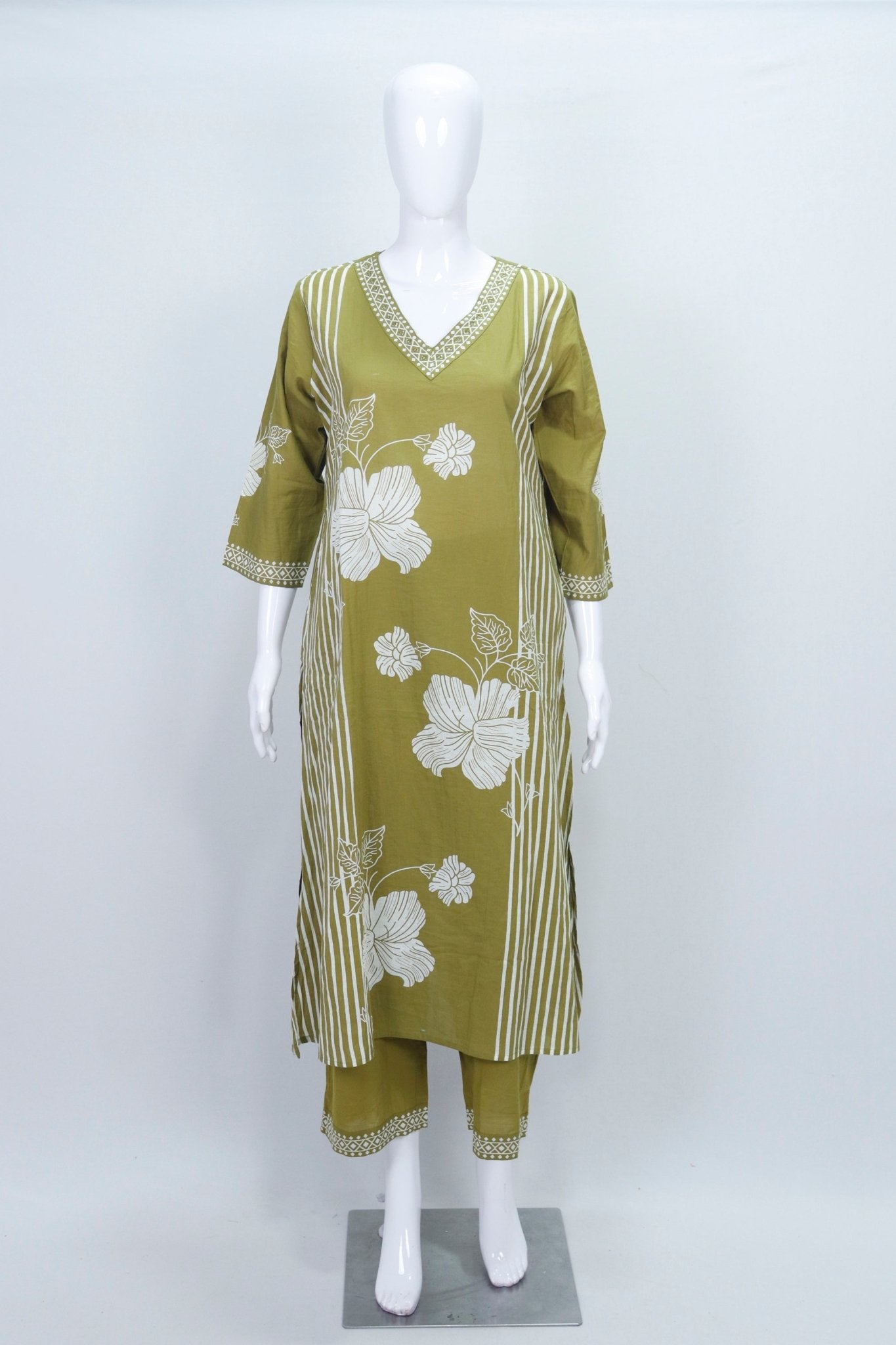 Olive Green Floral Printed Cotton Suit Set with Dupatta - Mangaldeep NX