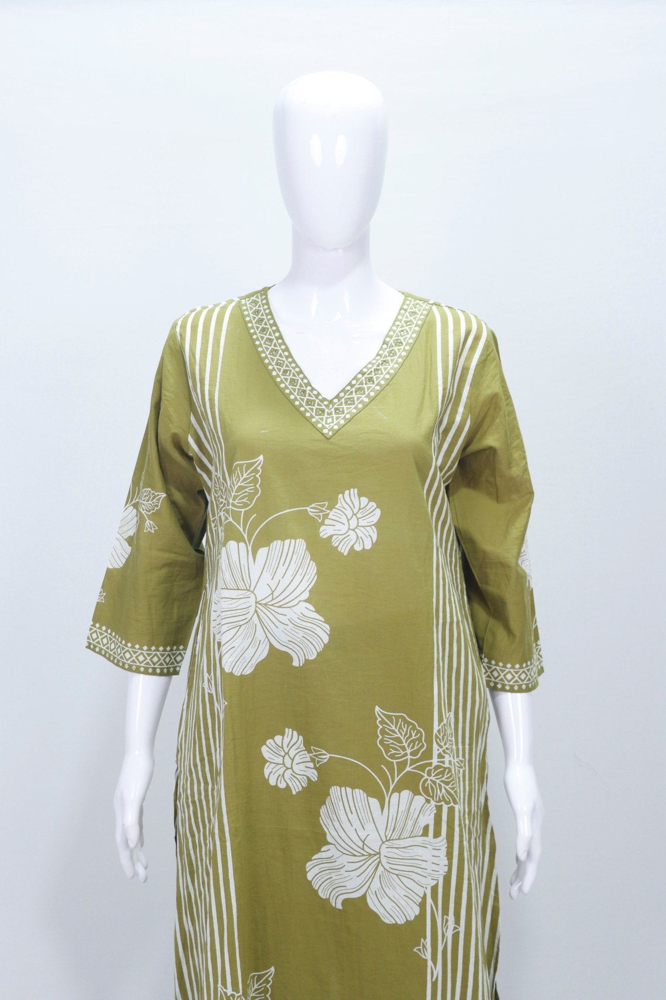 Olive Green Floral Printed Cotton Suit Set with Dupatta - Mangaldeep NX